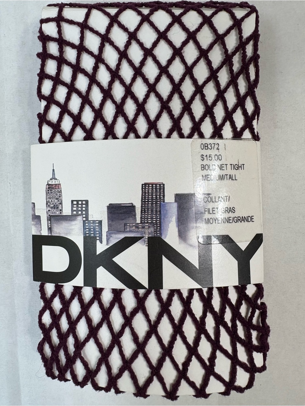 New DKNY OB372 Bold Net Fishnet Tights Size Medium / Tall Plum Eggplant CUTE